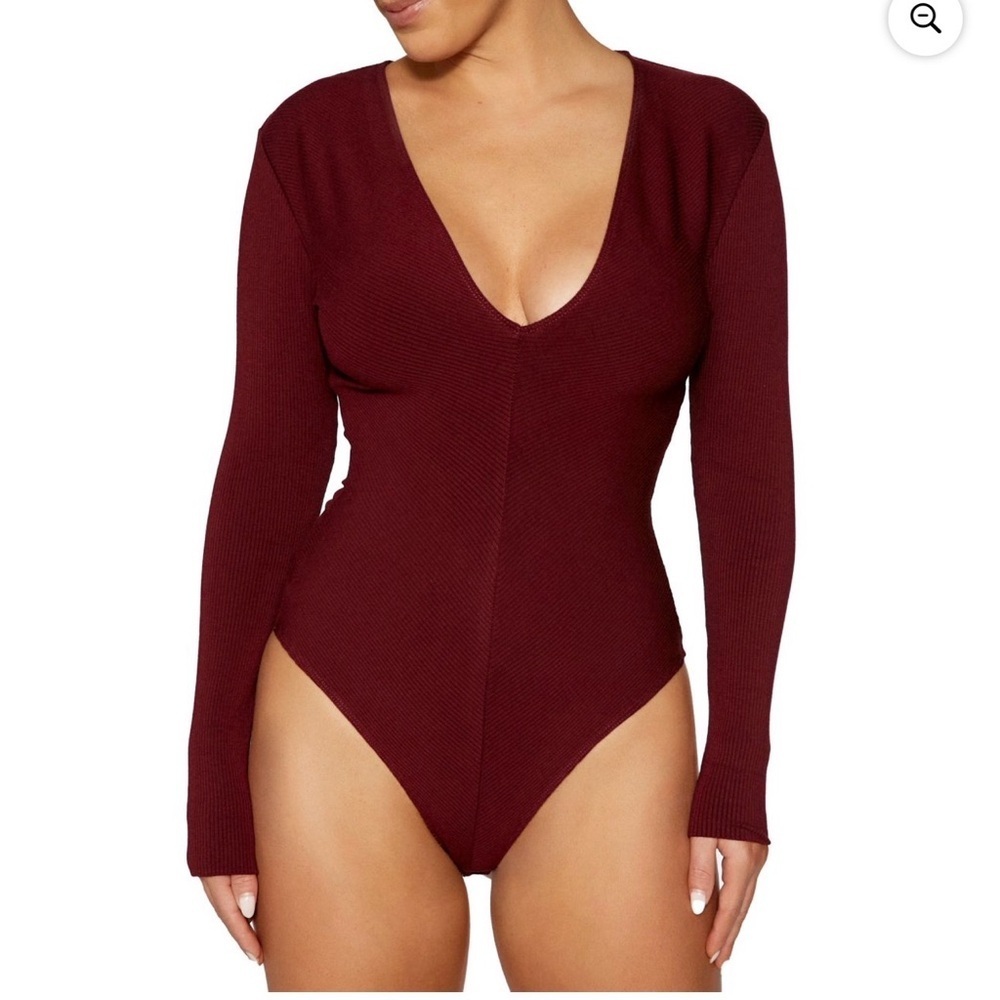 Naked Wardrobe Burgundy Ribbed Long Sleeve Bodysuit Large